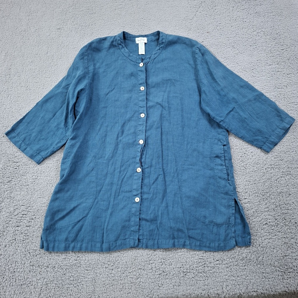 Mosaic USA 100% Linen Jacket Shirt Top Blue Button Up Lagenlook Pockets Large L